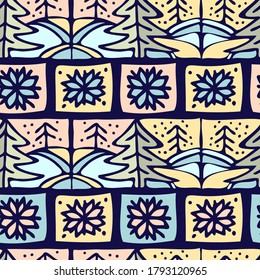Vector seamless design with decorative hand-drawn garland of Christmas trees