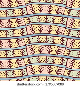 Vector seamless design with decorative hand-drawn garland of Christmas trees