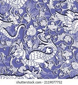Vector seamless design pattern of black and white lined dragons on purple background. The design is perfect for wallpaper, wrapping paper, decorations, home textiles, clothes.
