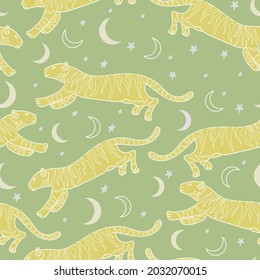 Vector seamless design of tiger contours with elements of the moon, month and stars. Wildlife. Colorful pattern. Design for fabric, packaging, posters, textiles, wallpaper, posters, prints.
