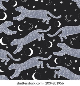 Vector seamless design of tiger contours with elements of the moon, month and stars. Wildlife. Colorful pattern. Design for fabric, packaging, posters, textiles, wallpaper, posters, prints.
