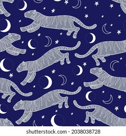 Vector seamless design of tiger contours with elements of the moon, month and stars. Wildlife. Colorful pattern. Design for fabric, packaging, posters, textiles, wallpaper, posters, prints.
