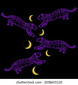 Vector seamless design of tiger contours with elements of the moon. Wildlife. Purple outline on black background. Design for fabric, packaging, posters, textiles, wallpaper, posters, prints.
