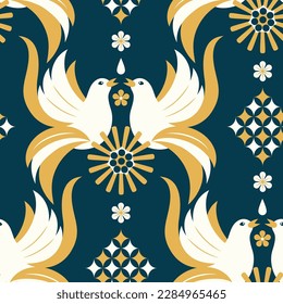 Vector seamless design for wallpaper with doves and geometrical flowers ornament