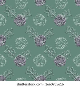 Vector seamless diagonal background symmetrical green pattern with doodle roses whith leaves on deep green backdrop. Beautyful retro tile for wrapping and decoration in old wallpapers style