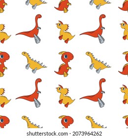 Vector seamless Dino pattern on the white background. Children cute illustrations with cartoon dinosaur. For kids textile, children room decoration, print