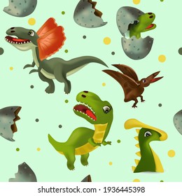 Vector seamless with Dinosaur and eggs for your design textile, wallpapers, fabric, posters. Funny dinosaurs and Pterodactyl.Vector illustration.