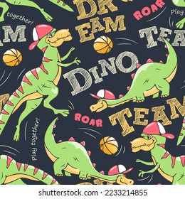 Vector seamless Dinosaur pattern. Dinosaur basketball player cool playing with the ball. Art illustration. Fan t-shirt design for kids. Vector print. Fashion illustration for clothes