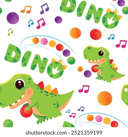Vector seamless dinosaur patternon white background. Dinosaur basketball player. Inscription Dinosaur. Dinosaur print. Dino vector. Textile.