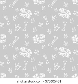 Vector Seamless Dinosaurs Pattern With Dinosaur Sculls, Bones And Footprints