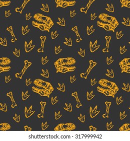 Vector seamless dinosaurs pattern with Tyrannosaurus skulls, bones and footprints