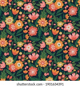 Vector seamless ditsy pattern with flowers and leaves. Botanical repeated texture with floral elements. Natural print for fabric, wallpaper, and wrapping paper.