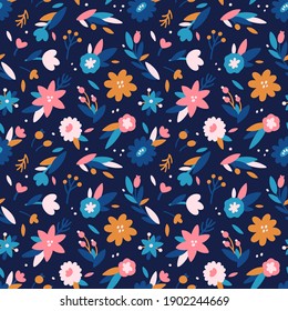 Vector seamless ditsy pattern with flowers and leaves. Botanical repeated texture with floral elements. Natural print for fabric, wallpaper, and wrapping paper.