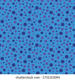 Vector seamless ditsy pattern with gear wheels and circles texture with cartoon icon silhouette style elements Dark blue purple colors on sky blue background for wrapping textile surface design cover