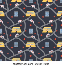 Vector seamless doctor pattern with hospital, road and ambulance on background with virus