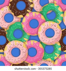 Vector seamless donut pattern. Design for cards, menu, textile, fabric. Glazed sweets with chocolate, vanilla, strawberry and mint cream