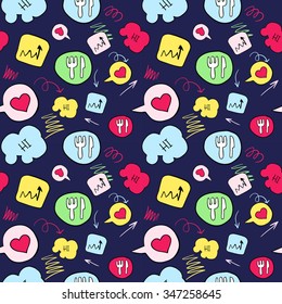 Vector seamless doodle background with color stokers and funny icons
