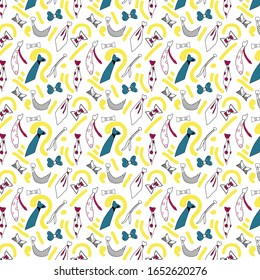 Vector seamless  doodle bright pattern. Fashion hipster background  with blue ,pink, black and yellow neckties.Father's Day background.
Hand drawn doodles Neck ties and Bow Ties.