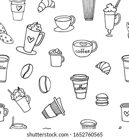 Vector seamless doodle coffee and sweets pattern. Hand drawn cute coffee cups, cups with hearts, coffee with cream, cocoa, coffee beans, croissant, macaroons, 
cookies in doodle style.