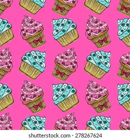vector seamless doodle cream sweet cupcake pattern.Tea party theme. hand drawn abstract pink background with color cake.