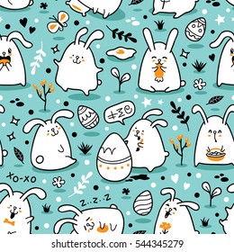  Vector seamless doodle easter pattern with bunnies for wallpaper, web page background, surface textures, textile, fabrics, wrapping papers