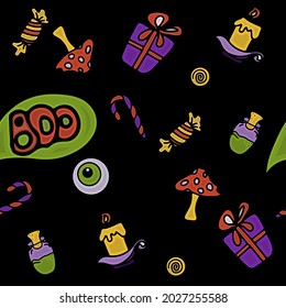 vector seamless Doodle Halloween pattern Colorful cartoon cliparts, symbols