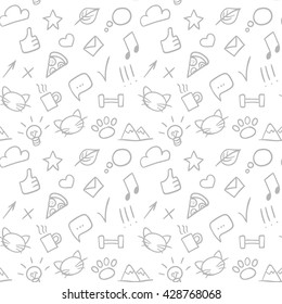 Vector seamless doodle hand drawn pattern with social icons. Background. Cat, star, speech bubble and mountains.