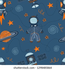 Vector  seamless doodle illustration on the theme of space travel. Hand drawing pattern. The Milky Way, galaxy, rocket, ufo, astronaut, space satellite and stars. Image for t-shirt, greeting card