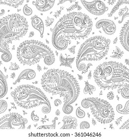 Vector seamless doodle Paisley pattern. Fantastic chameleon silhouette, flower, branch  leaves, butterfly, bug, insect. Black and white contour line. Coloring book page for children and adults