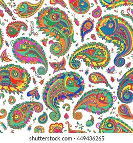 Vector seamless doodle Paisley pattern. Fantastic colorful chameleon silhouette, flower, branch, leaves, butterfly, bug, insect. Black line on white. Funny dolly wallpaper, textile print, batik paint