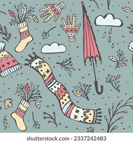 Vector seamless doodle pattern. Autumnal concept in pastel muted colors.