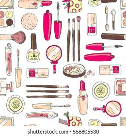 Vector seamless doodle pattern with cosmetic tools. Pastel colors, cute simple style. Fashion illustration.