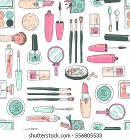 Vector seamless doodle pattern with cosmetic tools. Pastel colors, cute simple style. Fashion illustration.