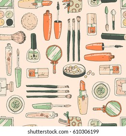 Vector seamless doodle pattern with cosmetic tools.Retro colors, cute simple style. Fashion illustration.