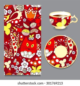 vector seamless doodle pattern with cup and plate. cartoon cat, bird and strawberry