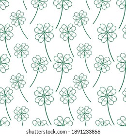 vector seamless doodle pattern with green four-leaf clover on a white background