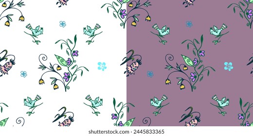 Vector seamless doodle pattern with hand-drawn decorative flowers, ears of corn, birds. Two different backgrounds