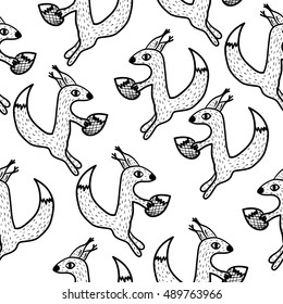 vector seamless doodle  pattern with hand-drawn squirrel