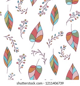 Vector seamless doodle pattern with  leaves and berries on white background. Repeating wallpaper. Hand drawn illustration with abstract spring plants. Texture design for surface, fabric and textile.