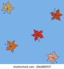 Vector seamless doodle pattern with leaves on blue background. Design for postcards, diary and notebook covers, wrapping paper, textiles, background for social networks, banners