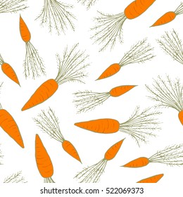 Vector seamless doodle pattern with orange carrots on white background. Vegetable slim pattern