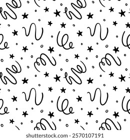 Vector seamless doodle pattern with stars, serpentine confetti, ribbon confetti, dots, sprinkles. Cute background for wrapping paper, wrapper, packaging, celebration pattern, fabric print, etc.