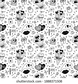 Vector seamless doodle pattern for Valentine's Day with hearts, lips, heart diamond ring, flowers, bouquet, crown, letter envelope, heart box with chocolates, gift box, dots, confetti. Cute background