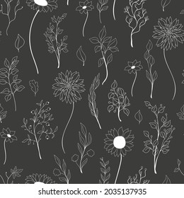 Vector seamless doodle pattern of white-lined autumn flowers, leaves, and branches on dark grey background. The endlessly repeated backdrop of fall motives for wrapping, textile, gift paper