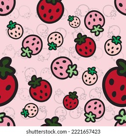 Vector of Seamless Doodle Style Pattern. Hand Draw Strawberry Background. Childish Style for Fabric, Card, Baby Shower, Book, Cloths, Apparel, Decoration, Wallpaper.