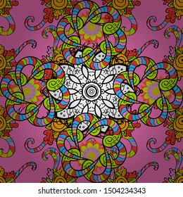 Vector. Seamless Doodles black, pink and green on colors. Stylish fabric pattern. Vintage.