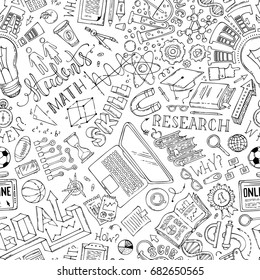 Vector seamless doodles education pattern. Science, math, technic, laboratory, chemistry, research symbols. Hand-drawn boundless background. Colouring book for adults template.