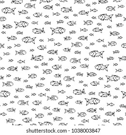 Vector seamless doodles fish pattern. Outlined black sardines on white background. Boundless background can be used for web page backgrounds, wallpapers, wrapping papers and invitations.