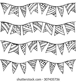 Vector seamless doodles garlands pattern. Black and white boundless texture can be used for web page backgrounds, wallpapers, wrapping papers, invitation, congratulations and festive designs. 