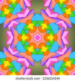 Vector. Seamless Doodles green, orange and blue on colors. Vintage. Stylish fabric pattern.